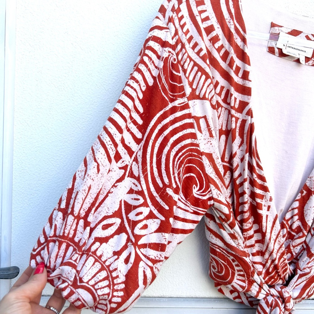By Anthropologie Top Women M Bodhi Wrap Cropped Tie Front Orange White Tropical - Picture 5 of 10